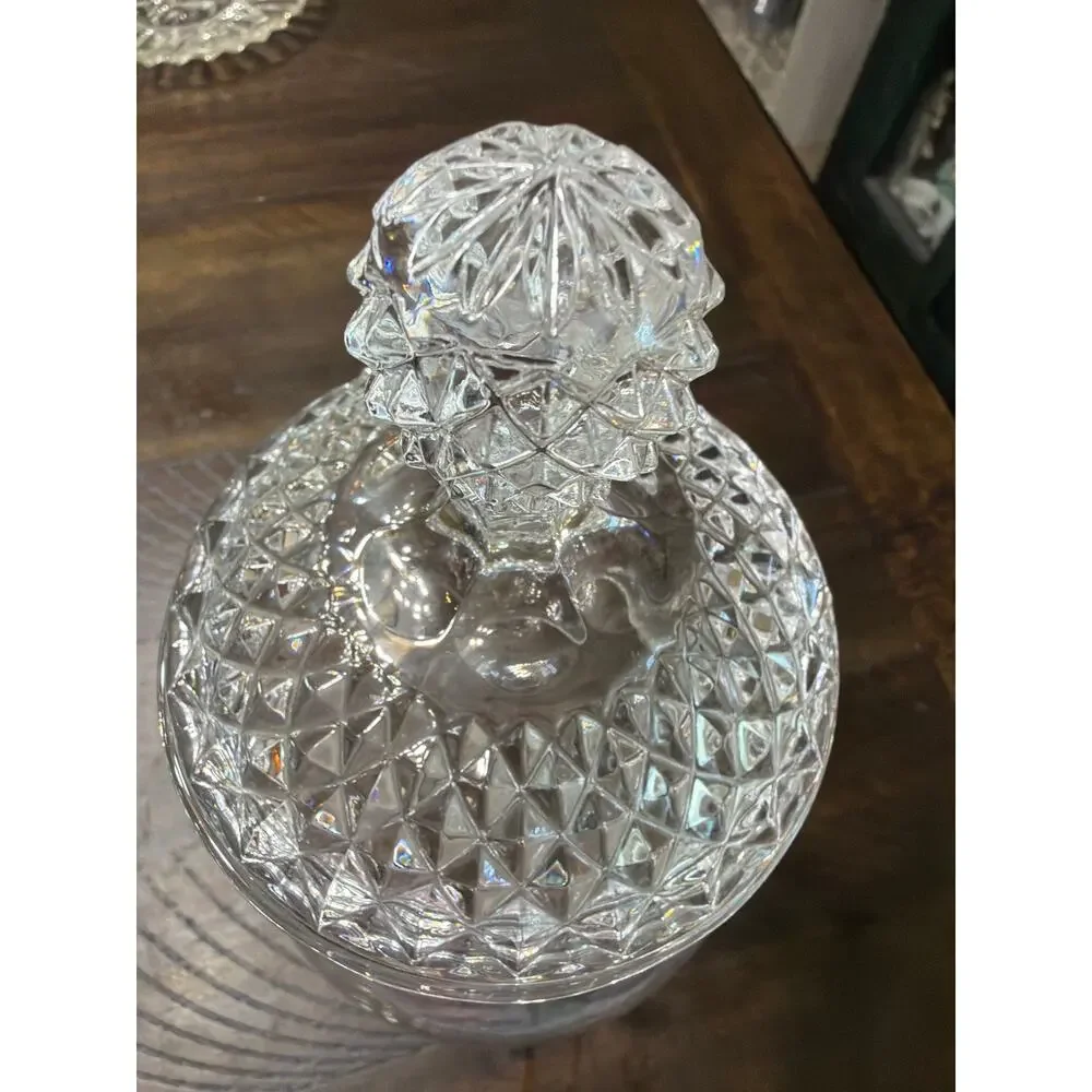 Vintage Clear Crystal Glass Large Covered Jar Diamond Point Lid Ball Finial